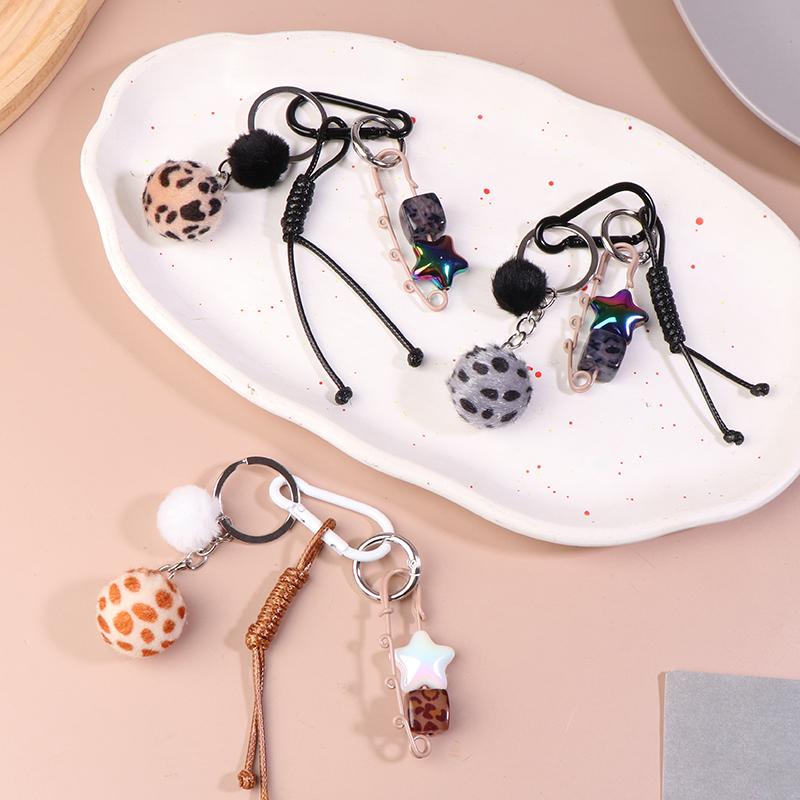 Creative Leopard Print Fur Ball Pin Keychain Knot Simple Braiding Rope Knot For Girls Bag Pendant Hanging Decoration