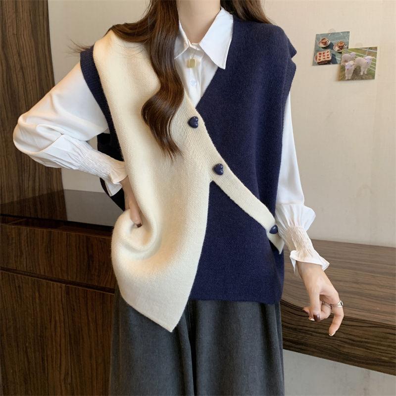 Весна и осень контрастный цветной свитер жилет с вышивкой для женщин дизайн нерегулярный свободный и тонкий безрукавный трикотажный жилет женский