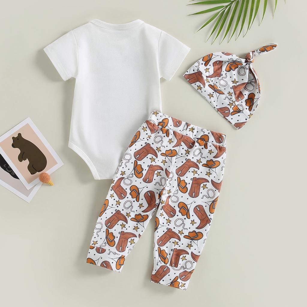 Infant Boys Summer Clothes Outfits Letter Print Crew Neck Short Sleeve Romper Cow Head/Boots Print Pants Hat 3Pcs Suit