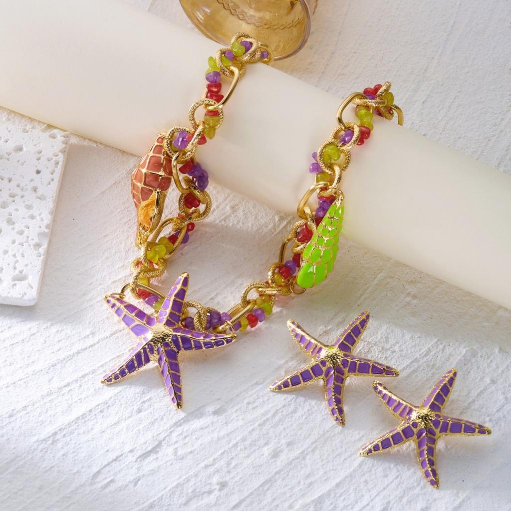 Exaggerated Enamel Starfish Conch Pendant Necklace Earrings Set For Women Men Boho Ocean Beach Sea Star Summer Party Jewelry Set