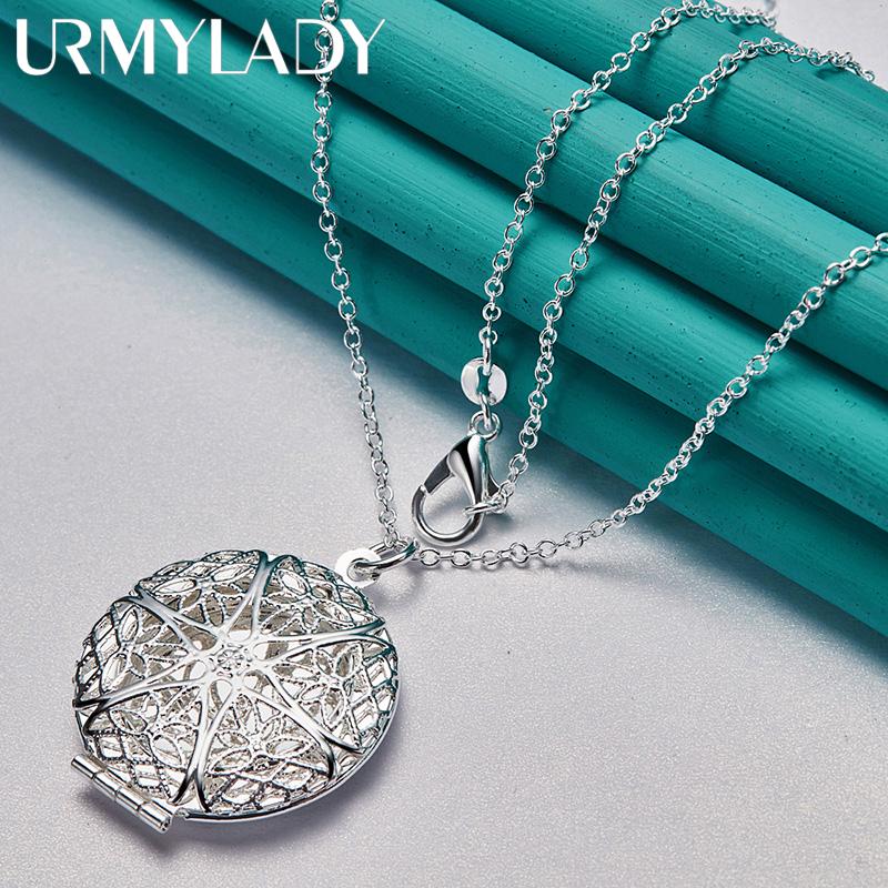 URMYLADY 925 Sterling Silver Round Picture Frame Pendant Necklace Chain For Women Wedding Engagement Charm Jewelry