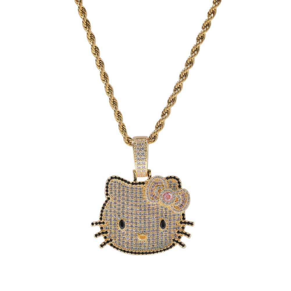 Fashion Sweet Hip Hop Jewelry Small Size Bling CZ Iced Out 5A Zircon Cute Cartoon Cat Pendant Necklace for Women Gift
