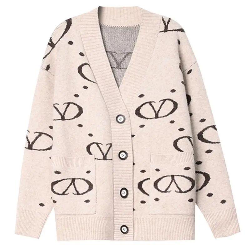 Women's Knitted Cardigan Sweater Autumn and Winter Thickened Plus Size Knitted Cardigan Loose Letter Print Knitted Jacket Outwear