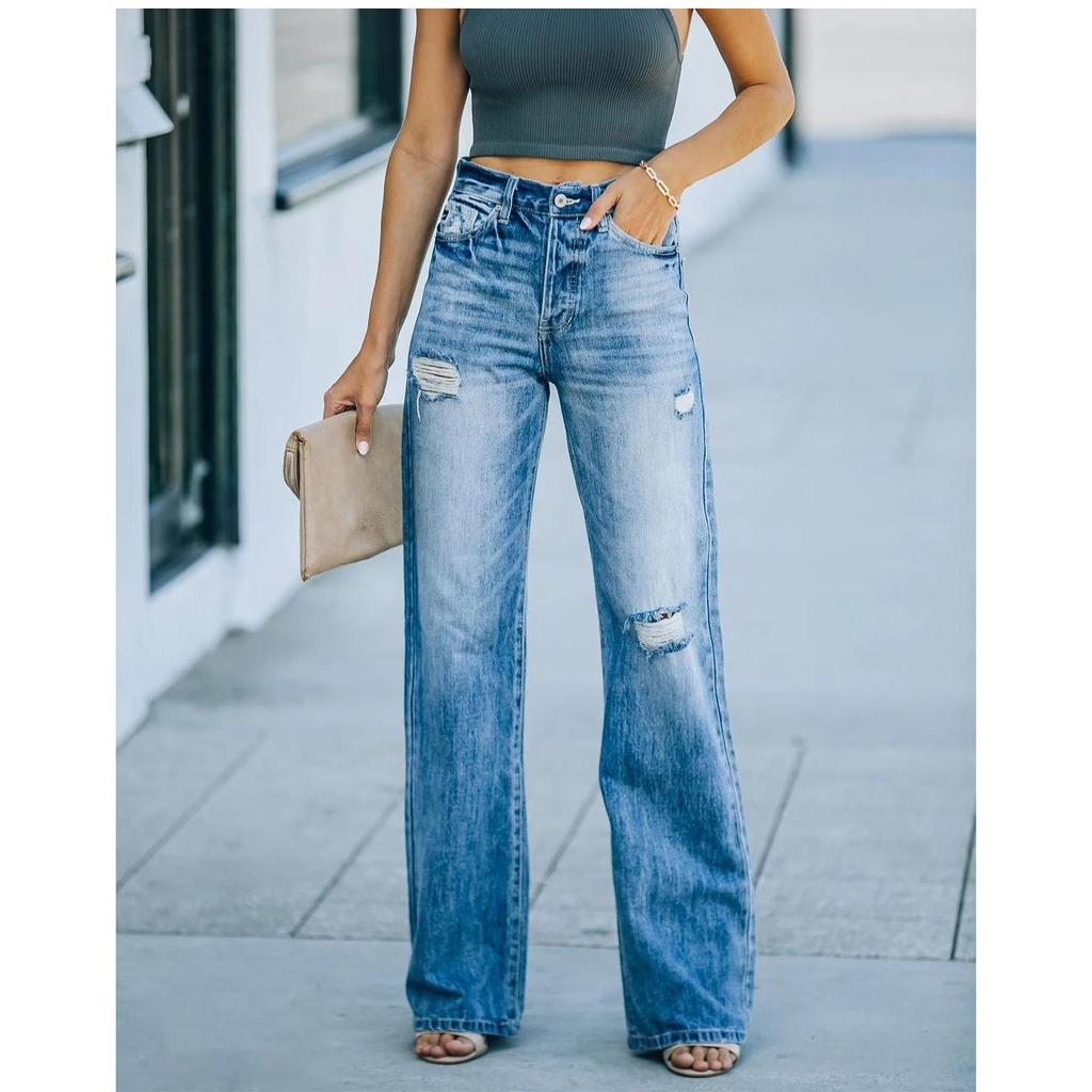 Весенние и осенние широкие брюки для отдыха, джинсовые брюки со средней талией, женские джинсовые брюки