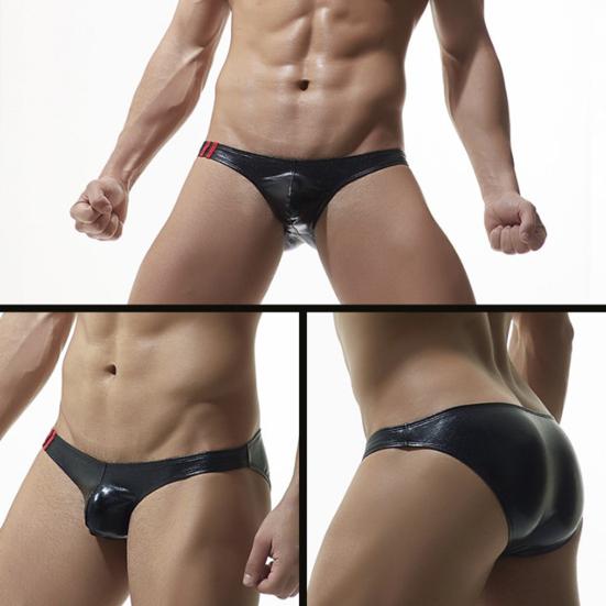 Men Briefs Low-rise Imitation Leather Design Thongs Solid Color Comfortable Fit Tight Cut Sexy Panties