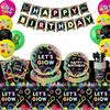 Neon Graffiti Party Set: Disposable Plates, Cups, Tablecloth, Flags, and Banners for Birthday Celebrations.