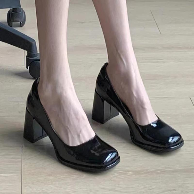 Туфли-лодочки женские из лакированной кожи 2025 Elegan Office Black High Heels Shoes Woman Shallow Mouth Square Toe Pumps Female Heels