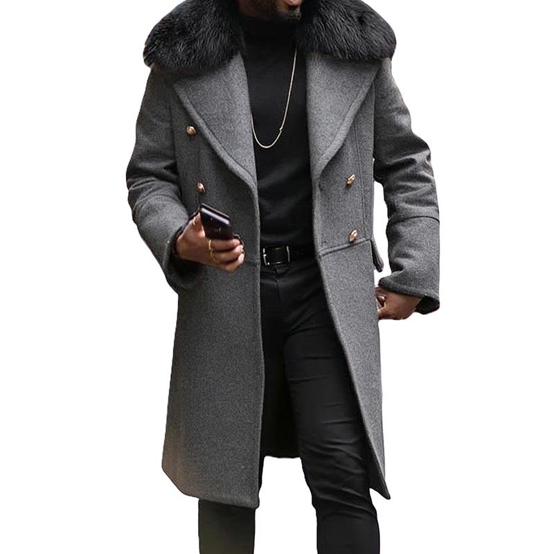 Мужское двубортное шерстяное пальто с большим меховым воротником