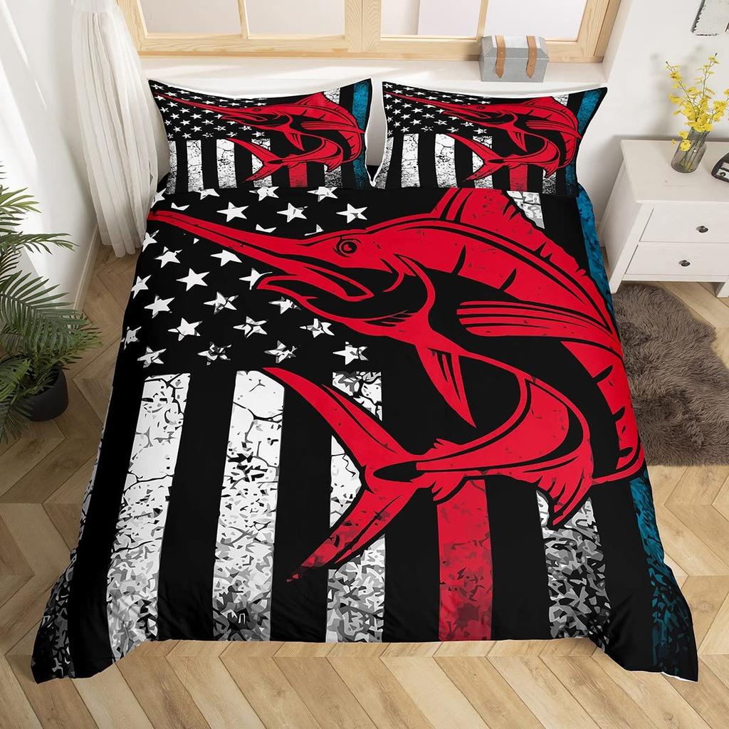 Marlin Swordfish Duvet Cover Set Hunting Fishing Bedding Set Tie Dye Sea Fishing Boat Marine Life Nautical Comforter Cover Queen