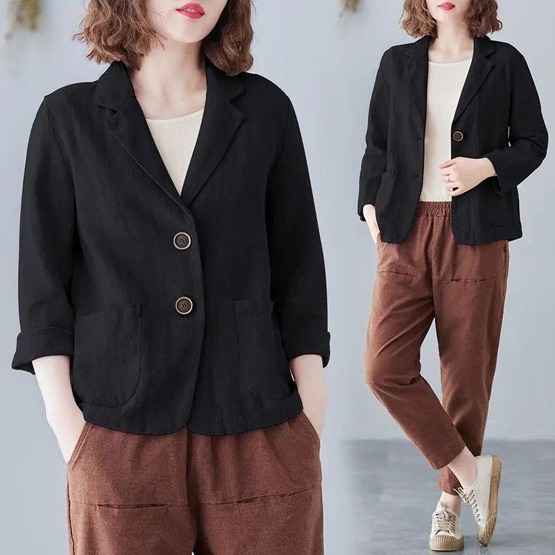 Хлопковый и льняной костюм, короткая куртка для женщин, художественный свободный повседневный костюм большого размера с длинными рукавами, топ