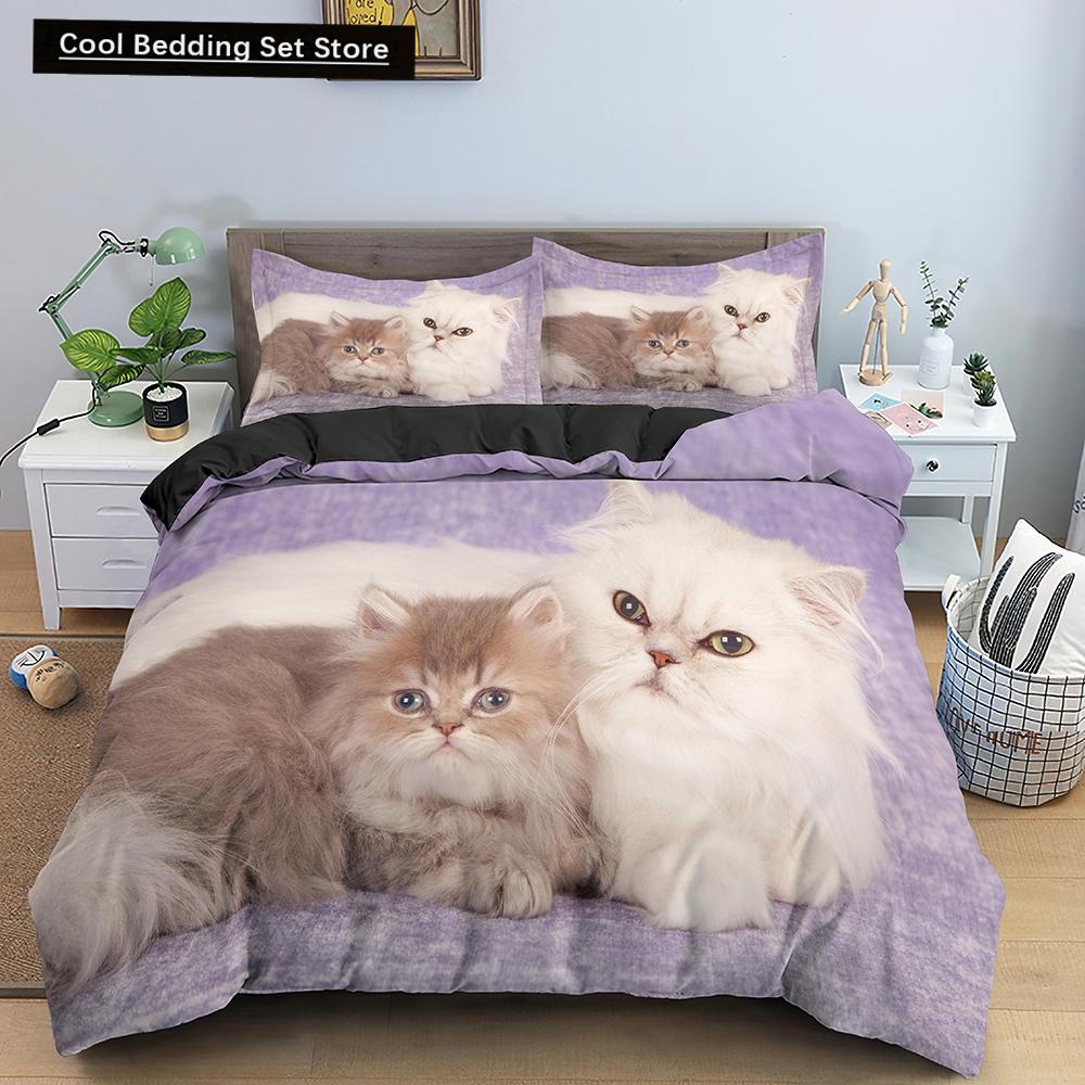White Cat King Queen Duvet Cover Kawaii Pet Kitty Bedding Set for Kids Teens Adults Family Animal 2/3pcs Polyester Quilt Cover
