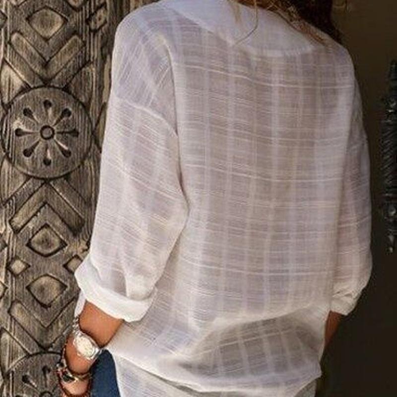 Женские белые розовые однотонные блузки больших размеров на весну и осень, свободные топы с длинными рукавами и V-образным вырезом нестандартной формы