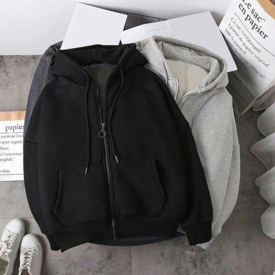 Осень Зима Мужская Толстовка на молнии с длинным рукавом Эластичный манжет Плотная Большого размера На шнурке Плюшевая Однотонная Свободная Карманы Повседневная Спортивная