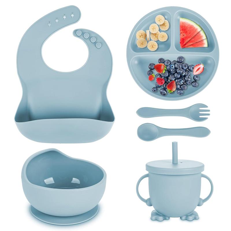 Children's Dishes Set Baby Silicone Tableware 6PCS Set Sucker Bowl Bib Cup Fork Spoon Set Maternal and Infant Supplies BPA Free