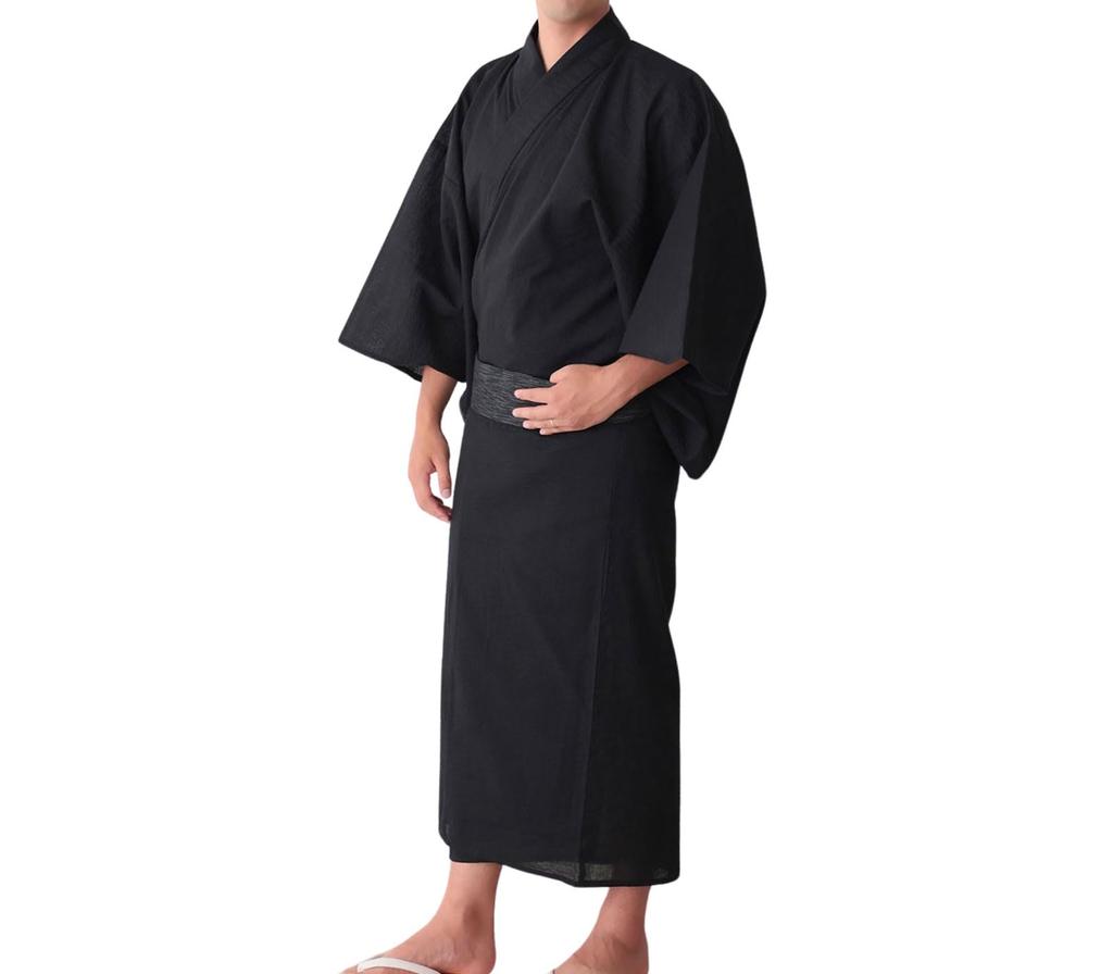 Yukata EMU Set Obi Yukata Navy Shijira Weave Cotton [Sweet Mummy] Men's Men's 3-piece One-Touch Men's [Black/L]