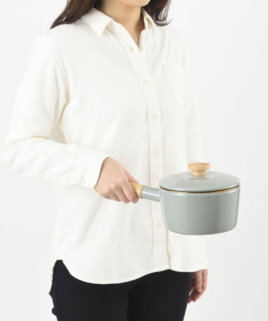 BRUNO Enamel 16cm Saucepan with Lid, Natural Wood Grain, Greige, Compatible with Induction Cooking, Direct Heat, and Gas, Collaboration with Fuji