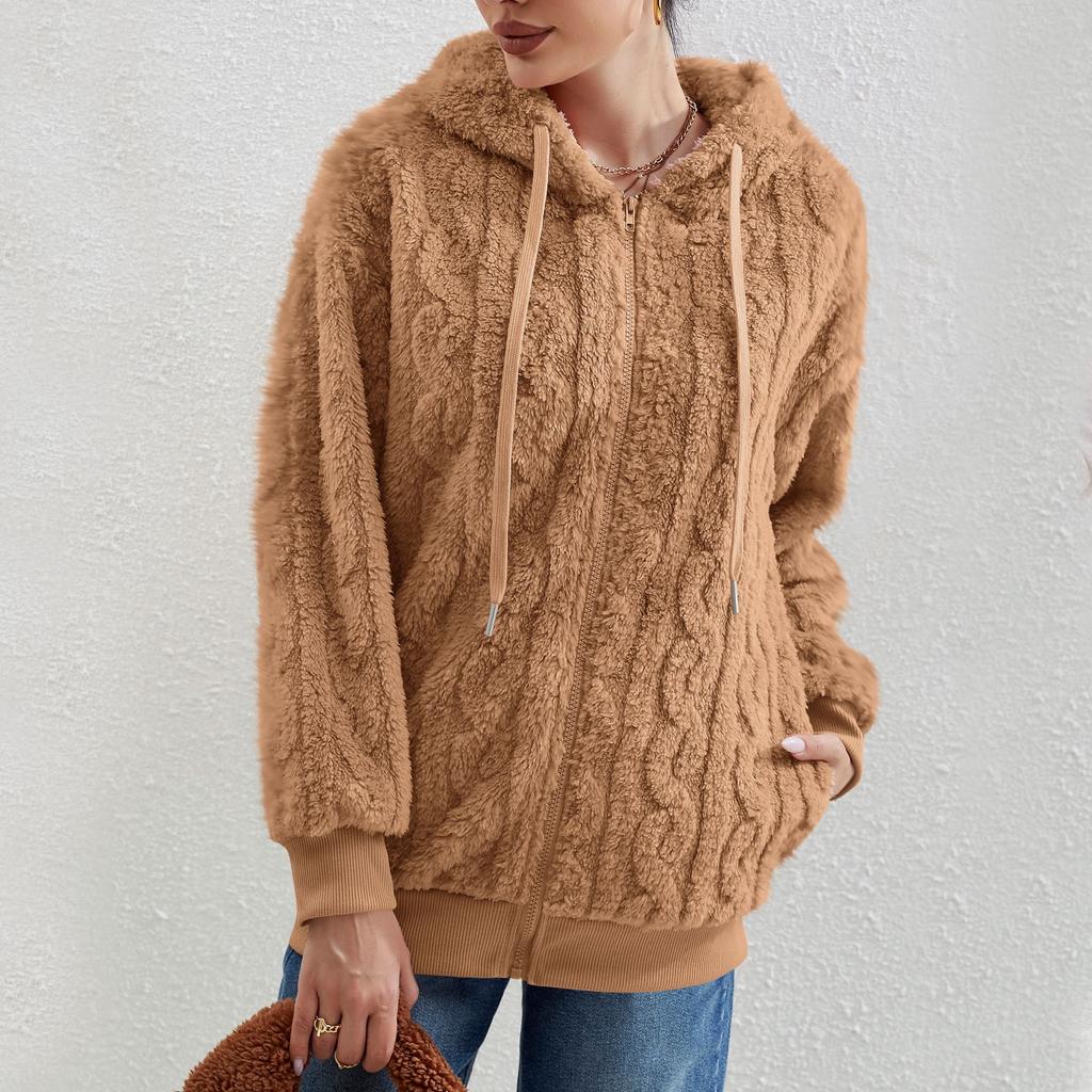 Women's Fashion Long Sleeve Solid Color Pocket Plush Cardigan Hooded Zipper Sweatshirt Jacket