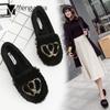 Fashion Rhinestone Double Heart Furry Flats Suede Shallow Loafers Slip On Moccasins Solid Color Shallow Winter Shoes Women Plus Size 41