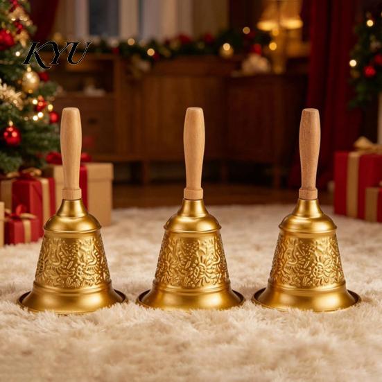 Holiday Party Decoration Vintage Hand Bell with Wooden Handle, Metal Service Call Decorative Gold for Restaurant Bar Classroom Pet Training, Christmas