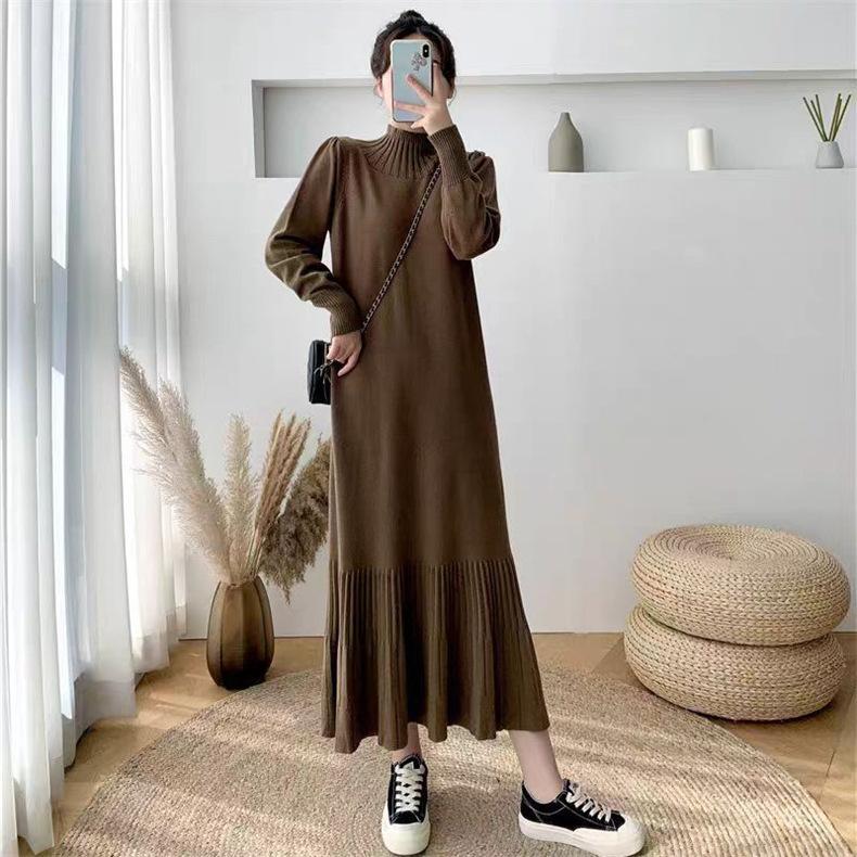 Semi-turtleneck Bottoming Knitted Sweater Skirt Women's Autumn and Winter New Over-knee Long Loose Large Size with Coat Dress Tide