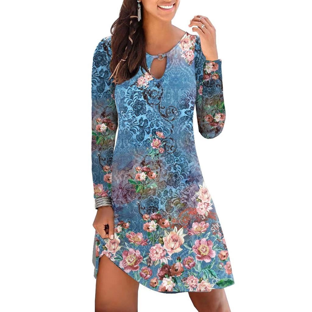 GMXIA Женская мода весна осень однотонный принт с длинным рукавом и круглым вырезом повседневные платья