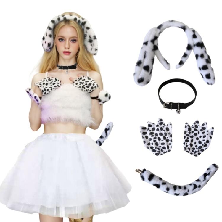 Dalmatian Puppy Costume Accessories with Ears Headband,Gloves,Tail Bells Choker Necklace Halloween Animal Dress Up Set