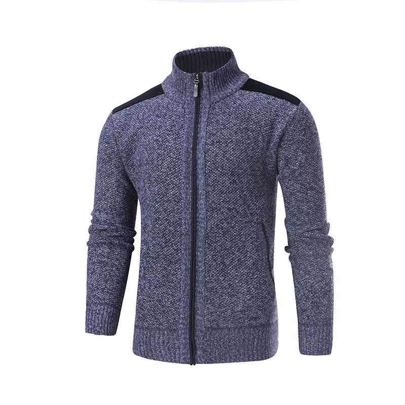 New Men's Fleece Thickened Knitted Jacket Stand-up Collar Splicing Knitted Sweater Cardigan Sweater Men's