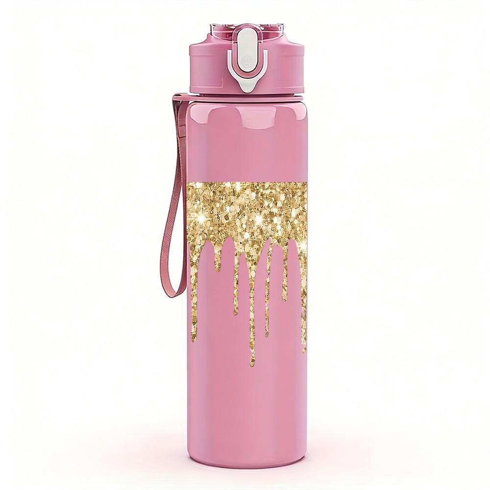 1PC Gold Glitter Drip Texture 750ml Color Plastic Sports Water Bottle Leakproof Flip Straw Lid Suitable for Sports Office Home Use