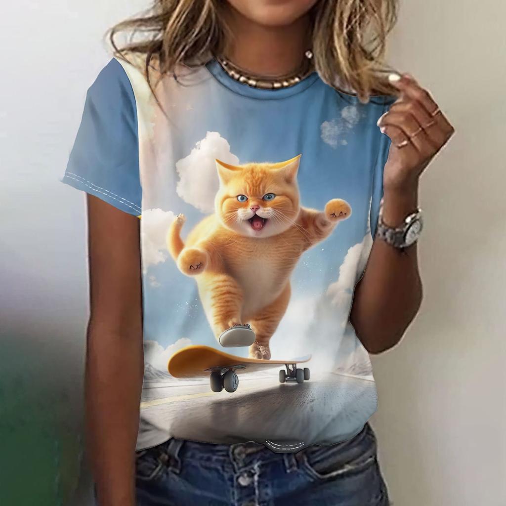 Fun Animal Pattern Women's T-shirt Cat Print Casual Short Sleeved Top