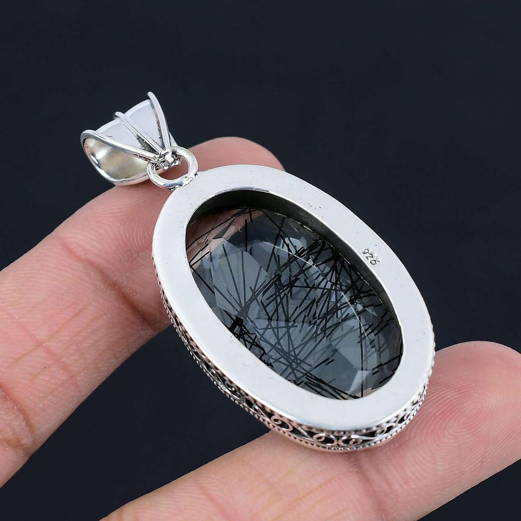 Черный рутиловый драгоценный камень Кулон Твердый кулон из стерлингового серебра 925 пробы Ювелирный подарок для унисекс