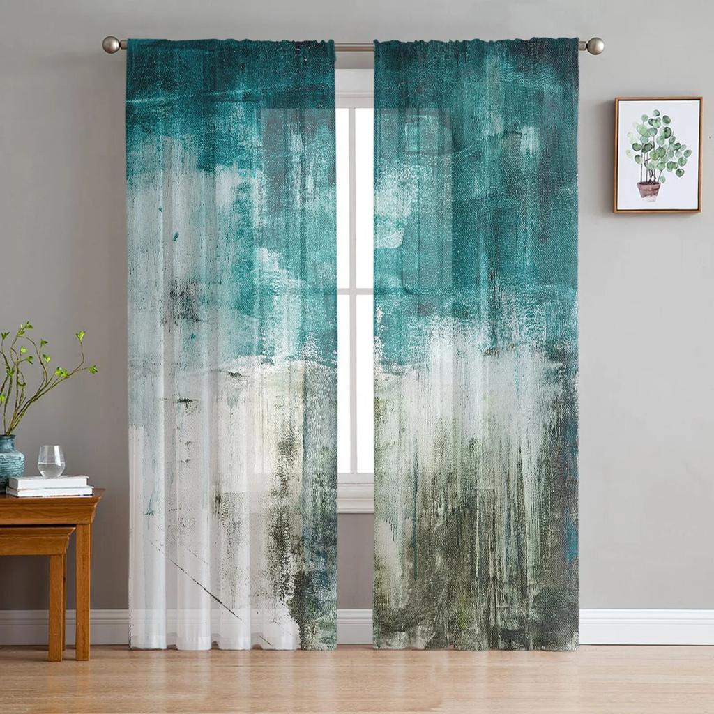 Luxury Tulle Curtains Color Painting Modern Living Room Kitchen Chiffon Curtain Youth Bedroom Sheer Floor Valance Curtain