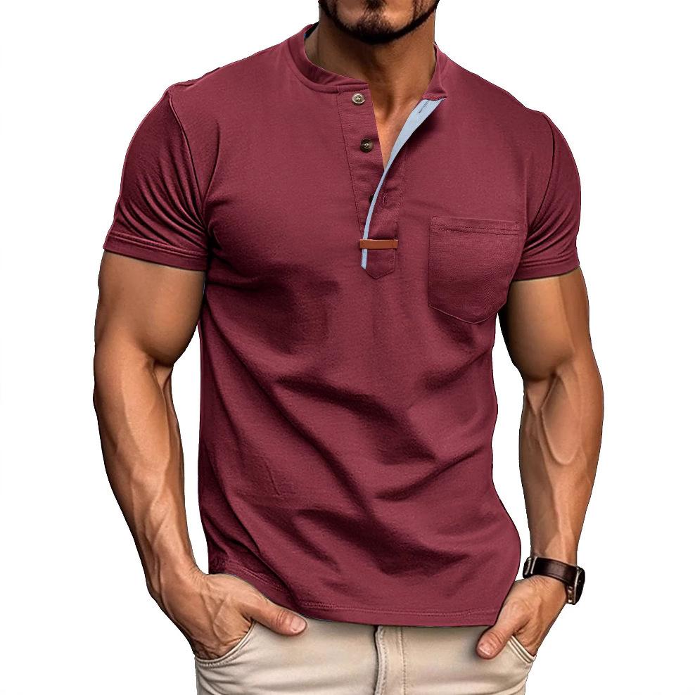 Summer Men's Henry Collar T-Shirts Solid Color Short Sleeve Tees Tops Men