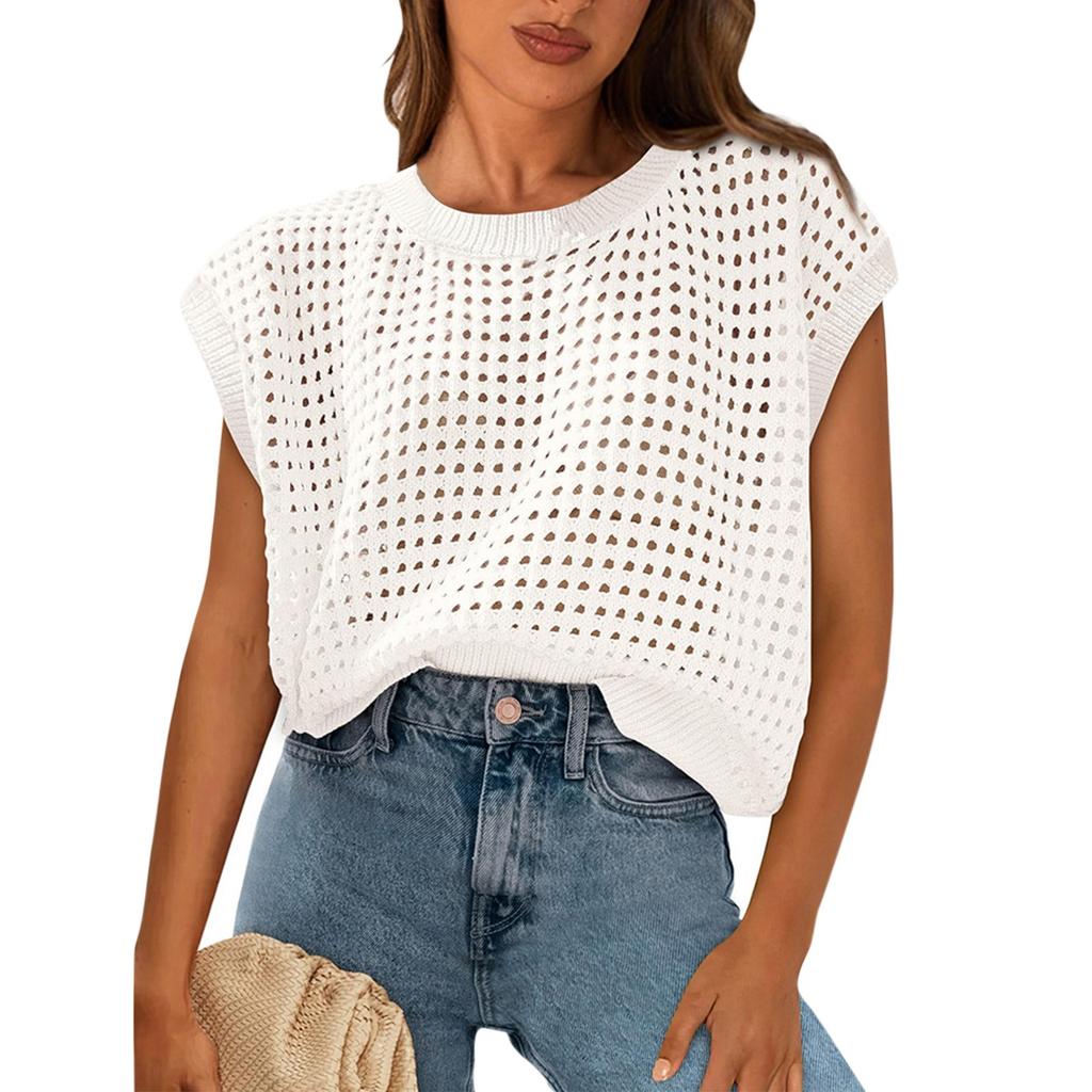 Женская мода однотонный круглый вырез ажурный солнцезащитный трикотажный свитер с капюшоном топ