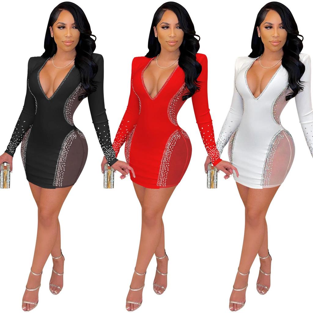 X5337: Sexy Deep V Rhinestone Party Dress with See-through Midi Skirt - European Fashion New Arrival