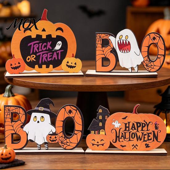 Childlike Halloween Room Accent Wooden Table Sign, Cute Pumpkin Boo Ghost Vibrant Party Prop Tabletop Centerpiece for Indoor Mantel Fireplace