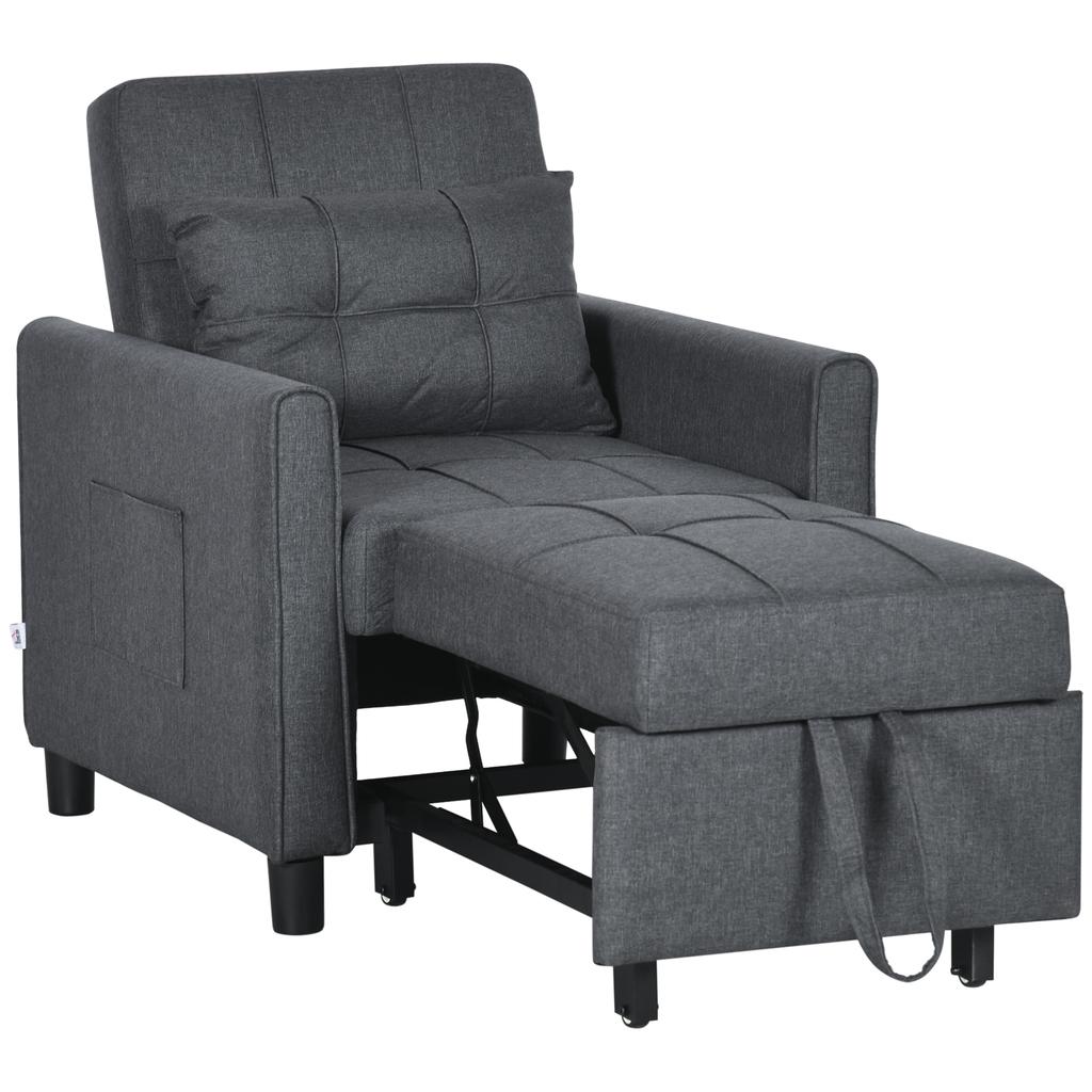 1-Seater 3-in-1 Convertible Armchair Backrest Adjustable in 3 Positions Pillow Included 2 Side Pockets 69x82x85cm Grey
