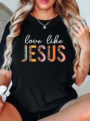 Unisex 100% Cotton Graphic T-shirt Love Like Jesus Leopard Heart Christian Faith Round Neck Short-sleeved Religious Casual Daily Clothing