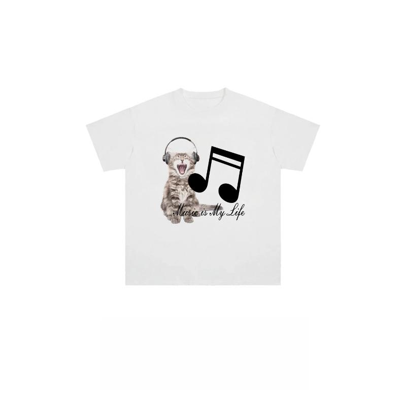 Musical Kitten Cute Cat Note Print Short Sleeve Tshirt For Unisex And Unisex With Shoulder Sleeves Loose Cotton Lovers Summer