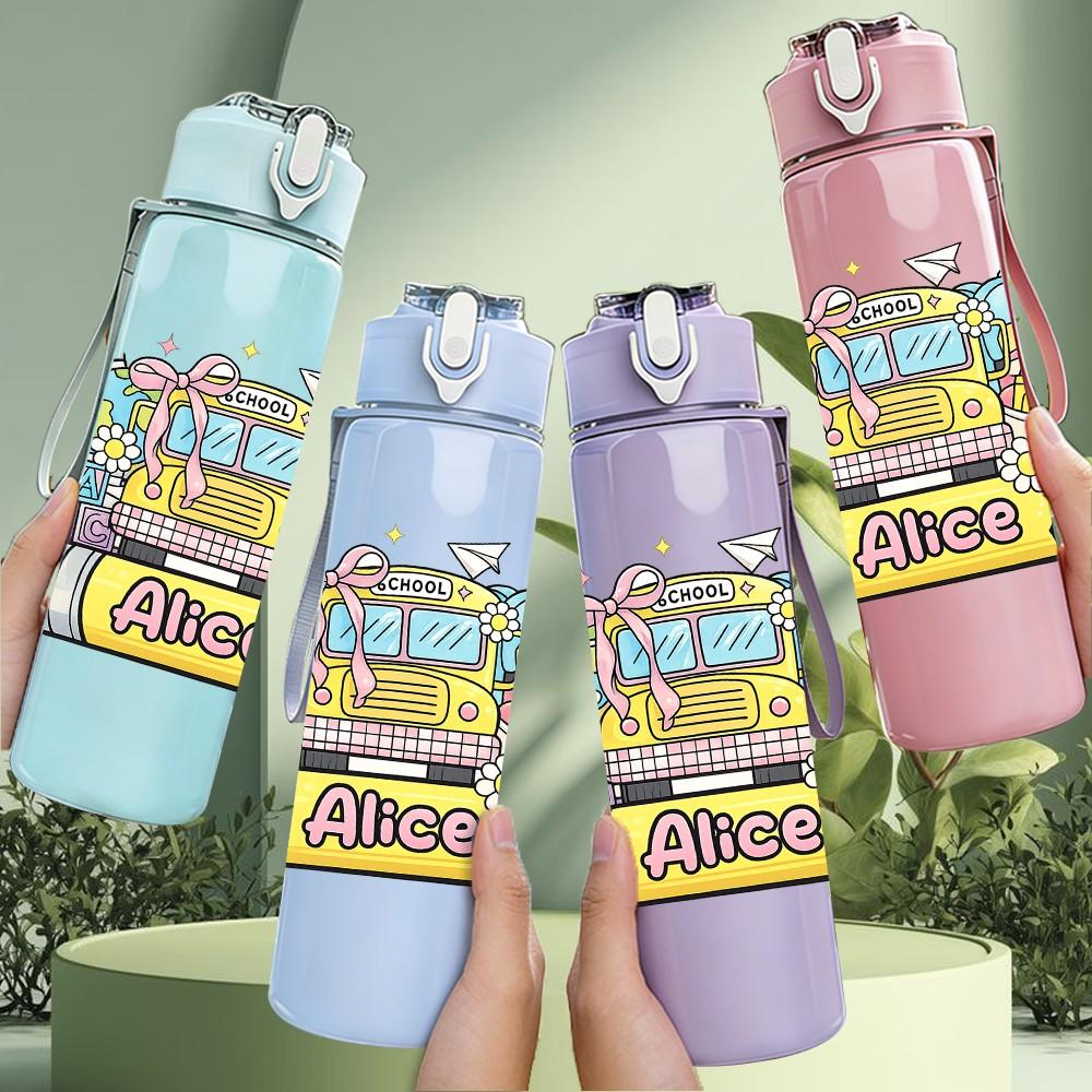 1PC Colorful Retro School Bus Cartoon Print 750ml Color Plastic Sports Water Bottle Leakproof Flip Straw Lid Suitable for Sports Office Home Use