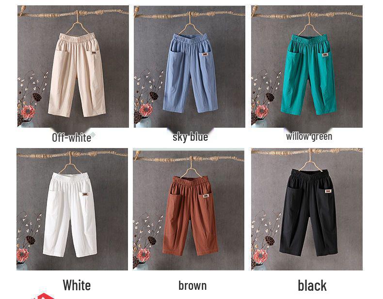 Женские летние укороченные брюки из хлопка и льна - Свободные, Эластичная талия, Большой размер, Узкие гаремы, Универсальные повседневные брюки