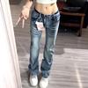Американский Дизайн Улиц Модные Низкопосадочные Джинсы Bootcut с Фактурой для Женщин на Осень и Зиму Дизайн Хот Гёрл Растягивающиеся Узкие Прямые Брюки