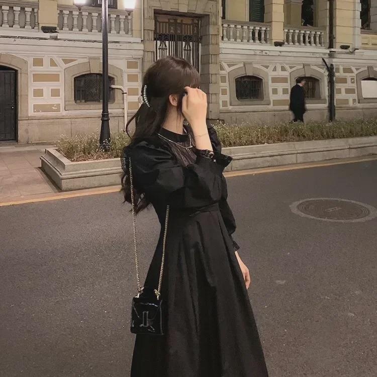 Женское зимнее корейское платье 2025 года с рукавами-фонариками и кружевом