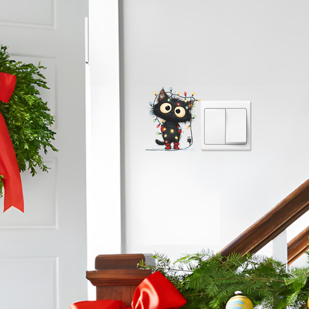Наклейка на выключатель «Черная кошка со световой гирляндой» Креативный праздничный декор для дома Съемная самоклеящаяся наклейка