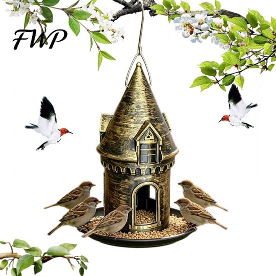 Wild Bird Food Dispenser Retro Castle Feeder, Metal Hanging Outdoor Backyard Feeder for Patio Garden Balcony Decor Feeding Station