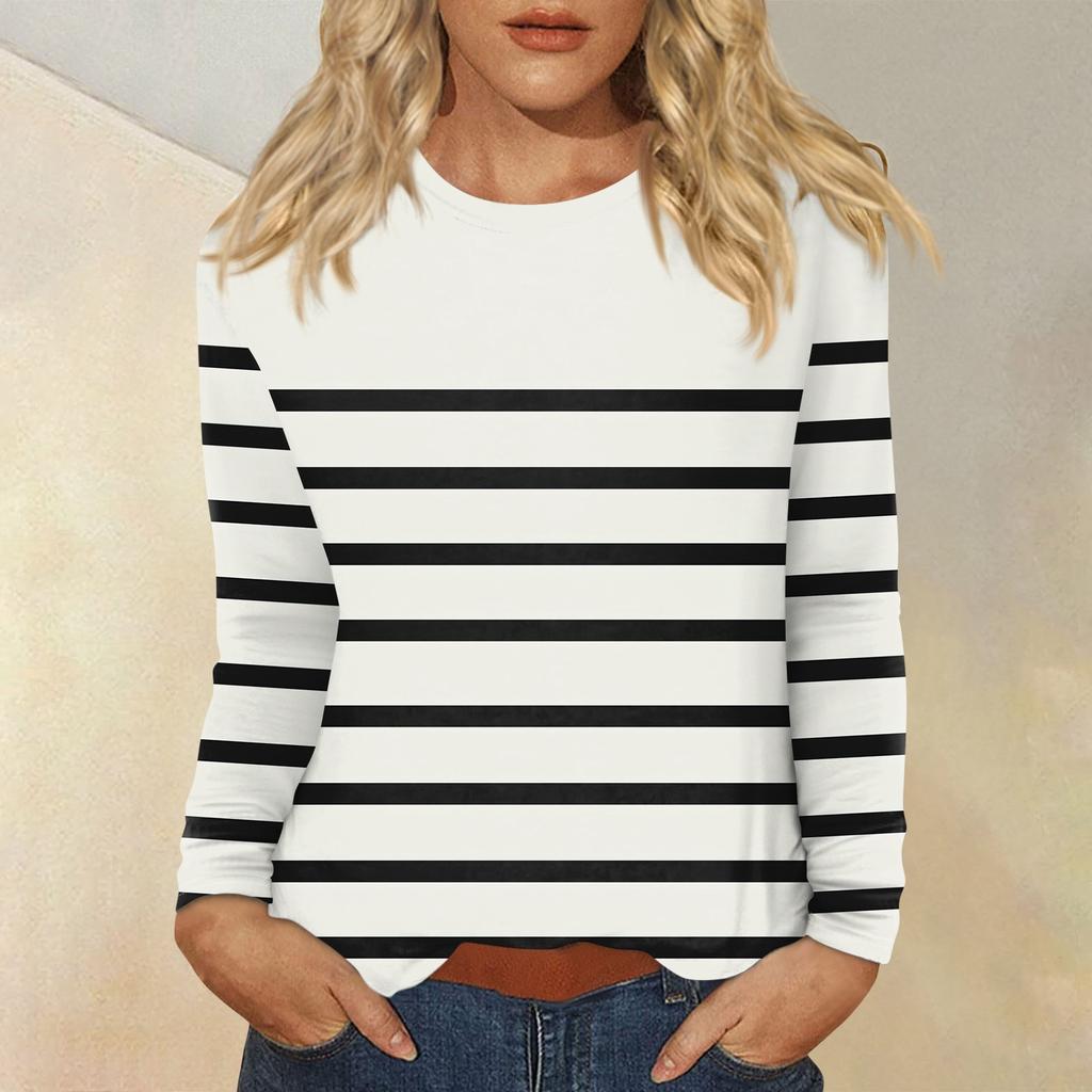 Женский повседневный топ с круглым вырезом и длинными рукавами в полоску с принтом