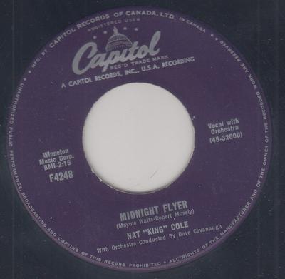7-дюймовая пластинка НЭТ КИНГ КОУЛ - Midnight Flyer F4248 Capitol Records 1959 Канада Джаз Б/У