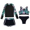 Children‘s 4-Piece Swimsuit Set Printed Long Sleeve Mock Neck Top U Back Crop Top High Waist Swim Shorts and Briefs for Beach Vacation