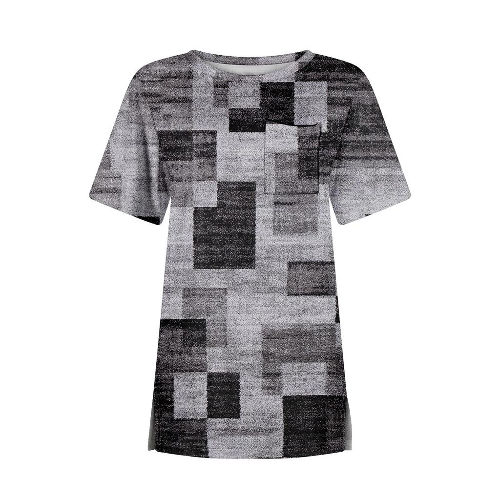 Футболки для женщин, плиссированные, с круглым вырезом, нарядные, повседневные, блузки с принтом, с коротким рукавом, летние топы, свободный крой