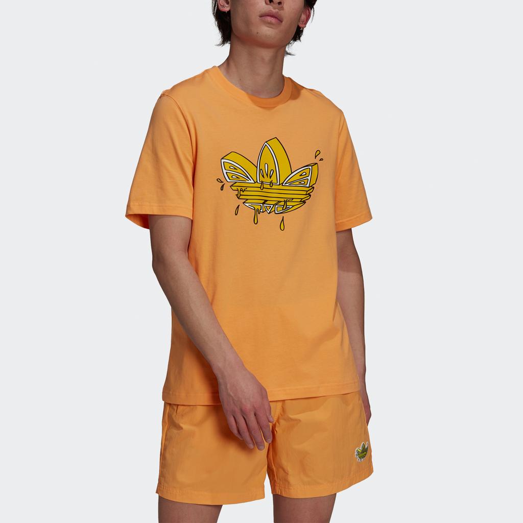 Adidas Originals Lemon Trefoil Tee T Shirts Men's Orange Crew Neck Moderate Straight Fit GN3129