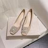 Модная весенняя новинка, квадратные каблуки для женщин, модный квадратный носок, неглубокий вырез, хрустальная пряжка, нескользящие износостойкие туфли